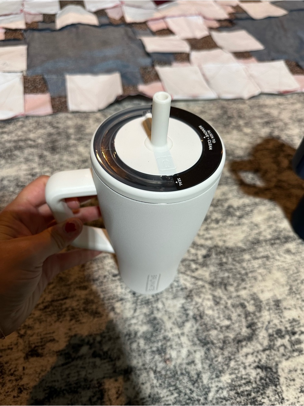 White Insulated Travel Tumbler with Handle and Straw